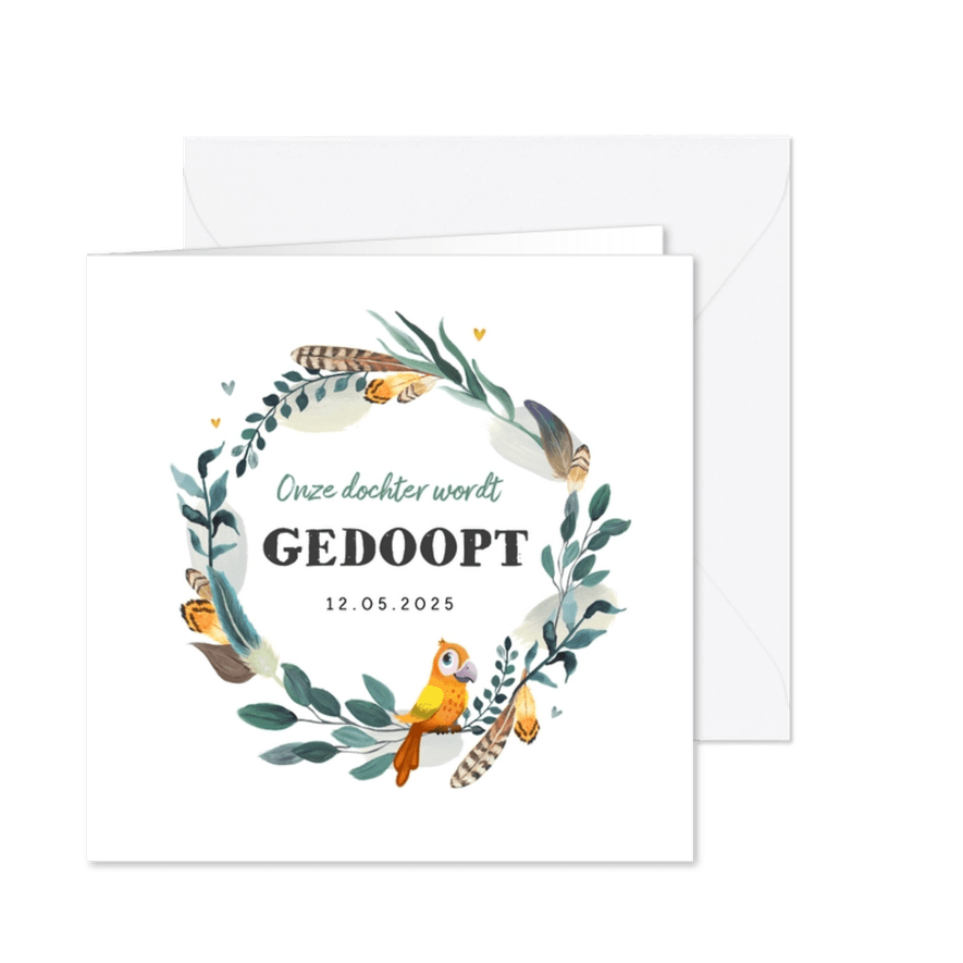 Uitnodiging doopviering met veren bloemenkrans en vogel - Kaartimpressie
