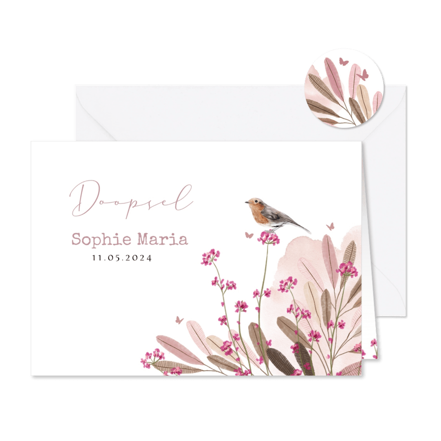 Uitnodiging doopviering watercolor veldbloemen vogel vlinder - Kaartimpressie