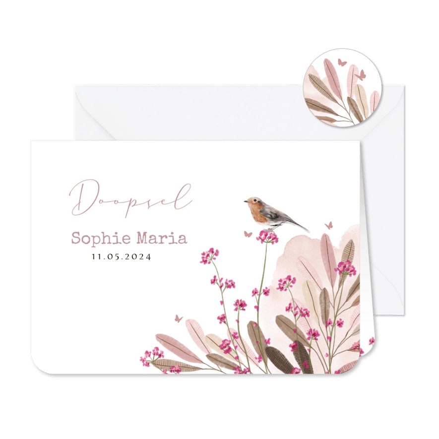 Uitnodiging doopviering watercolor veldbloemen vogel vlinder - Kaartimpressie