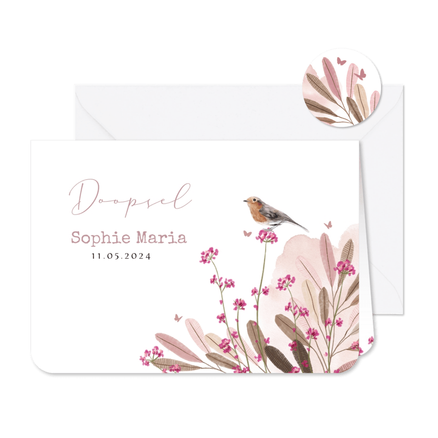 Uitnodiging doopviering watercolor veldbloemen vogel vlinder - Kaartimpressie
