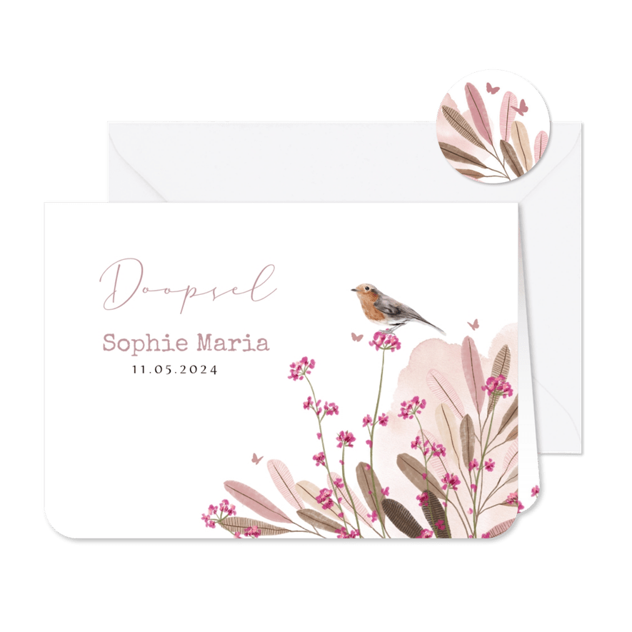 Uitnodiging doopviering watercolor veldbloemen vogel vlinder - Kaartimpressie