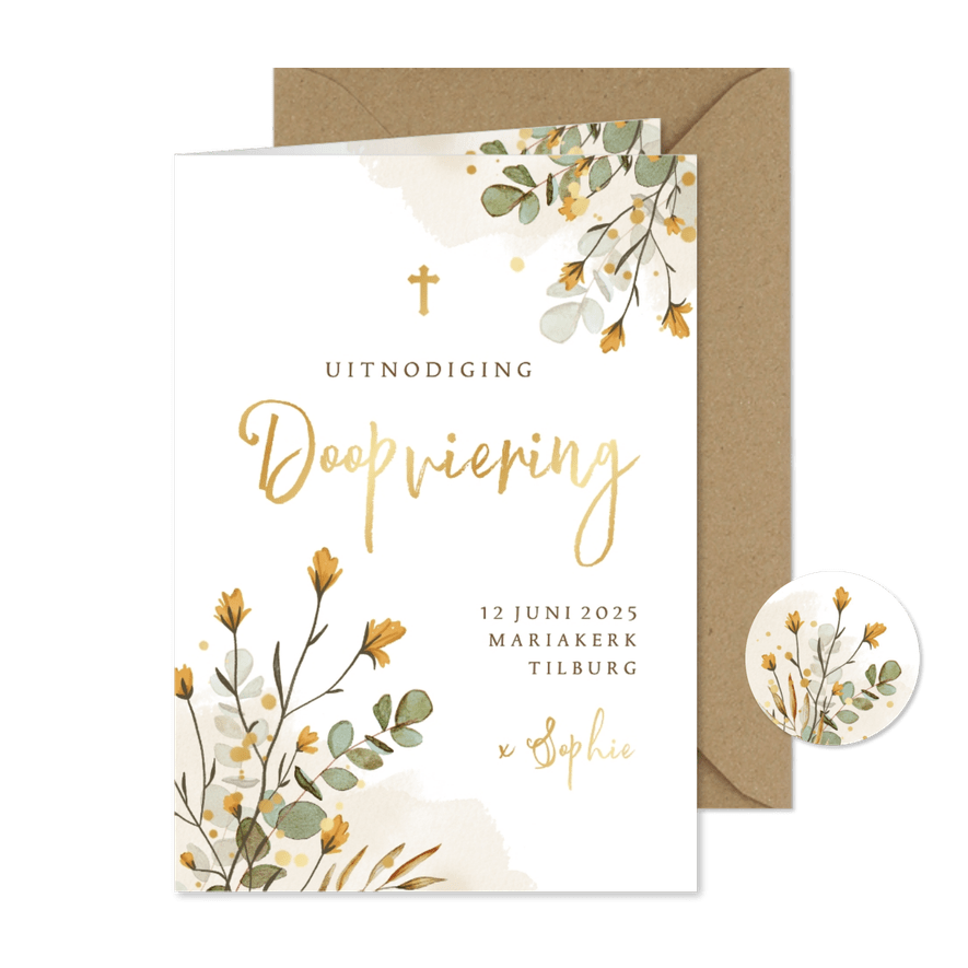 Uitnodiging doopviering waterverf bloemen takjes goud - Kaartimpressie