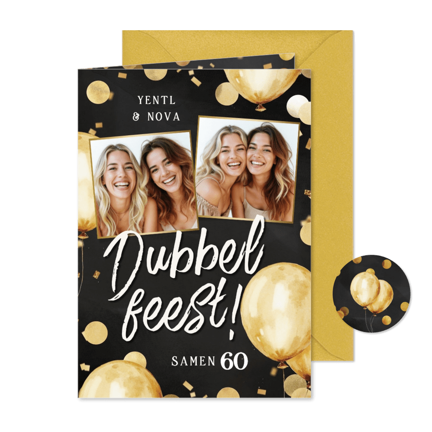 Uitnodiging dubbel feest ballonnen goud confetti met foto's - Kaartimpressie
