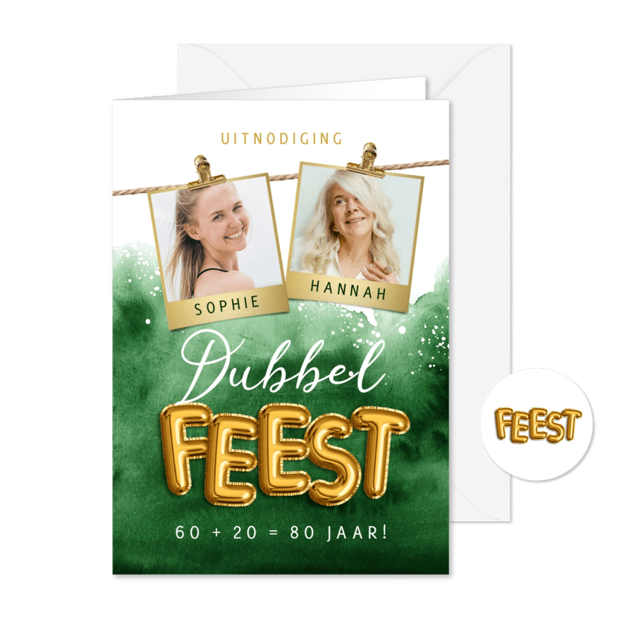 Uitnodiging dubbel feest folieballonnen waterverf foto's  - Kaartimpressie