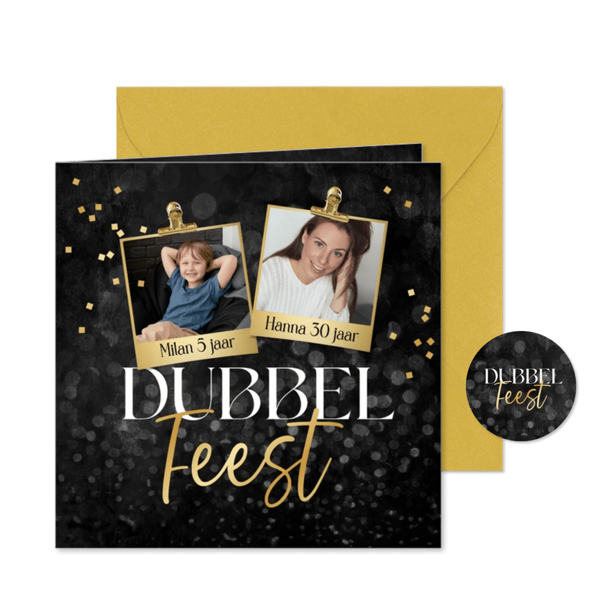 Uitnodiging dubbel feest foto goud confetti krijtbord - Kaartimpressie