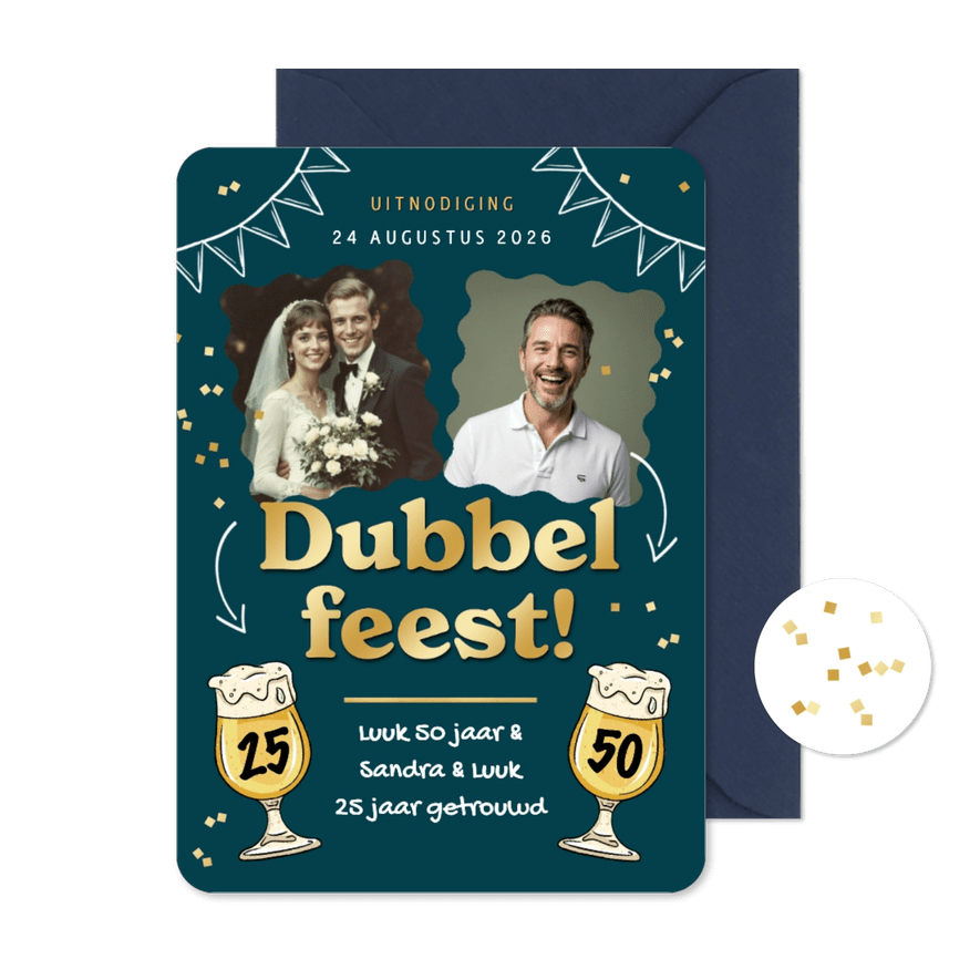 Uitnodiging dubbel feest foto's bier confetti goud hip - Kaartimpressie