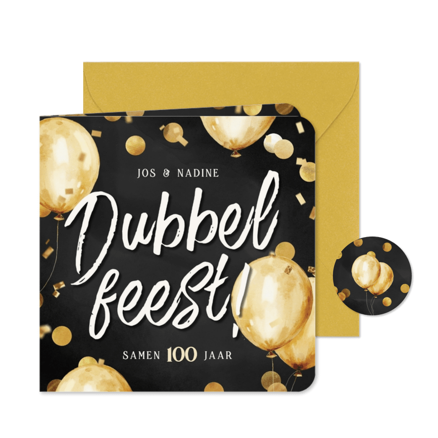Uitnodiging dubbel feest gouden ballonnen confetti antraciet - Kaartimpressie