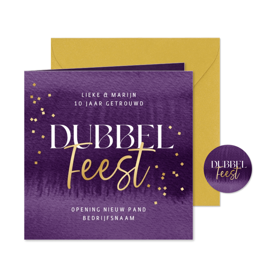 Uitnodiging dubbel feest jubileum goud bedrijf opening paars - Kaartimpressie