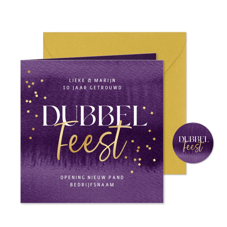 Uitnodiging dubbel feest jubileum goud bedrijf opening paars - Kaartimpressie