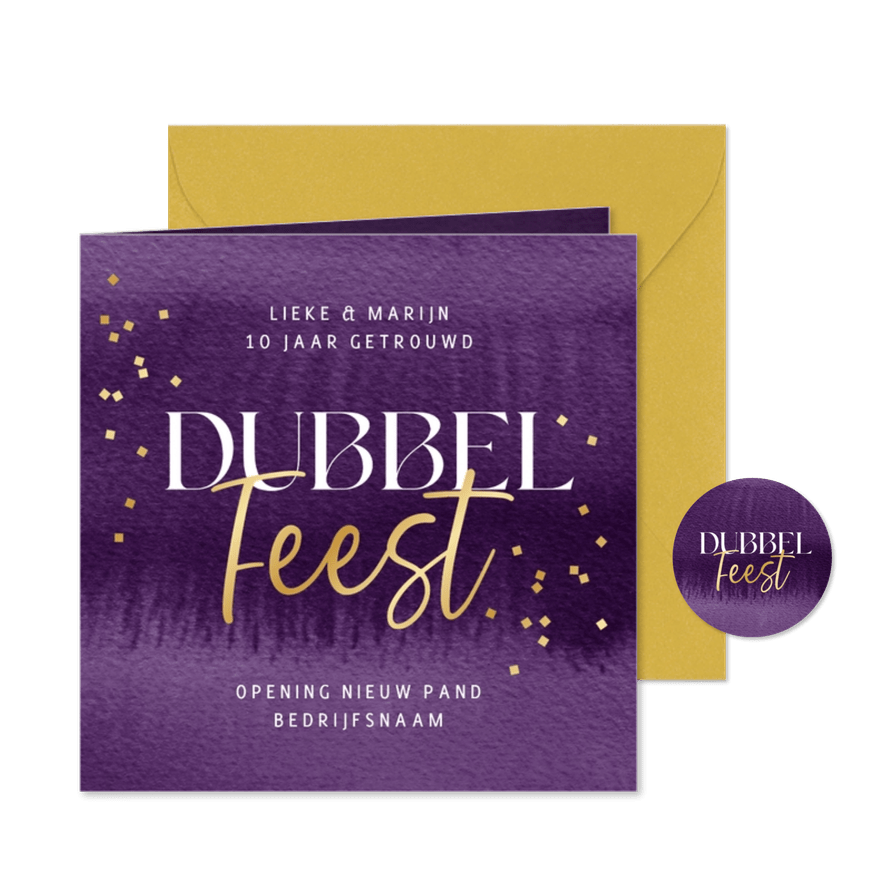 Uitnodiging dubbel feest jubileum goud bedrijf opening paars - Kaartimpressie