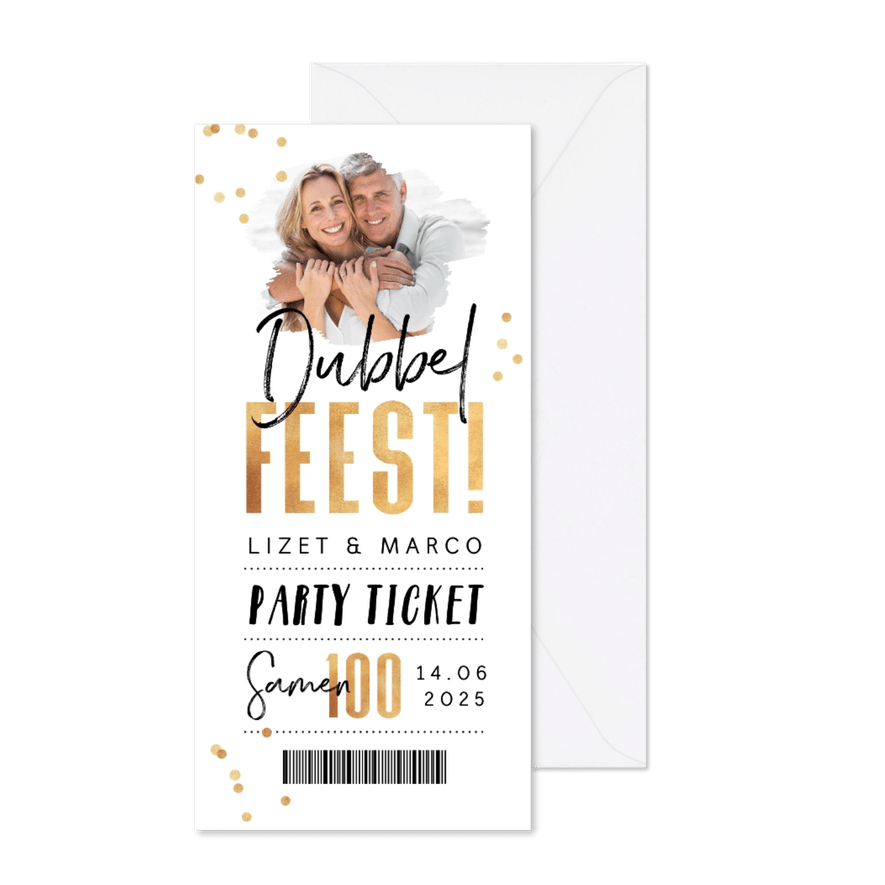 Uitnodiging dubbel feest samen 100 goud confetti ticket - Kaartimpressie
