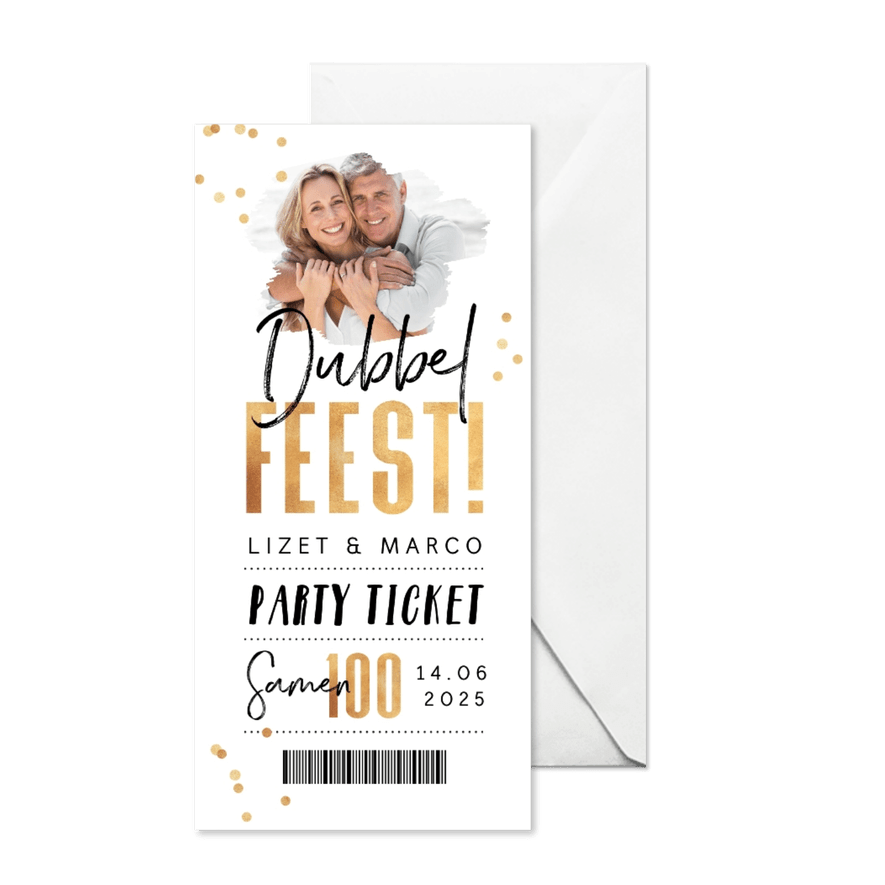 Uitnodiging dubbel feest samen 100 goud confetti ticket - Kaartimpressie