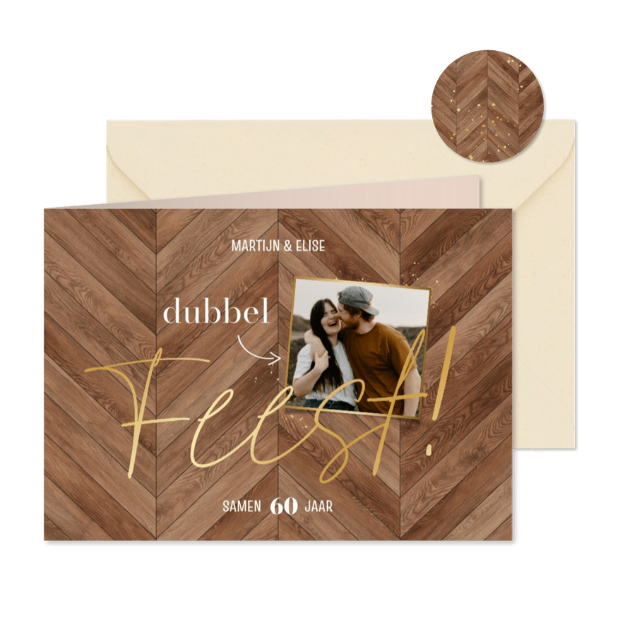 Uitnodiging dubbel feest samen houtlook foto en goud - Kaartimpressie