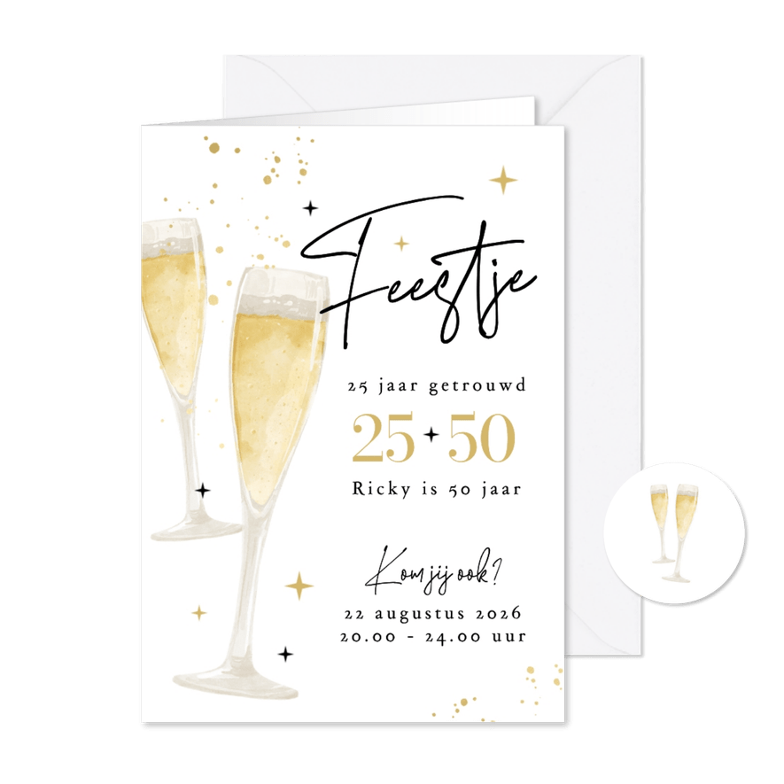 Uitnodiging dubbel feestje champagne goud bubbels - Kaartimpressie