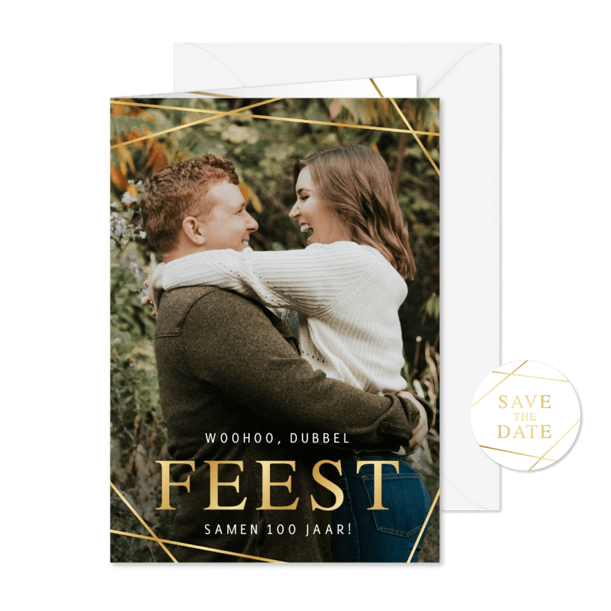 Uitnodiging dubbel feestje met grote eigen foto en foliedruk - Kaartimpressie