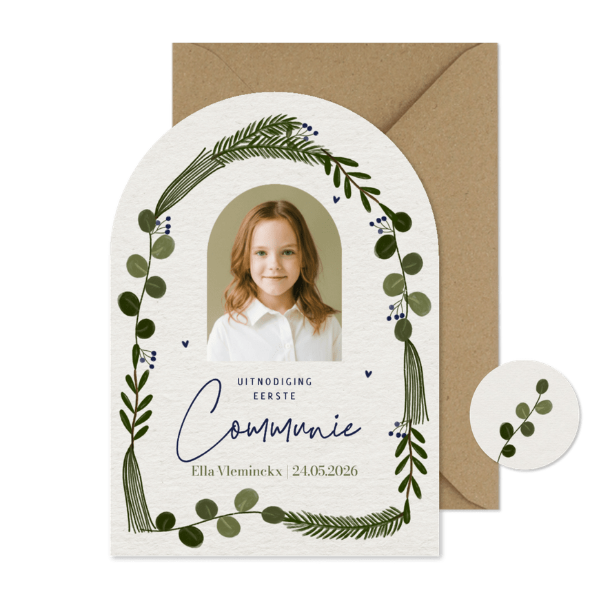 Uitnodiging eerste communie botanisch boog takjes foto - Kaartimpressie