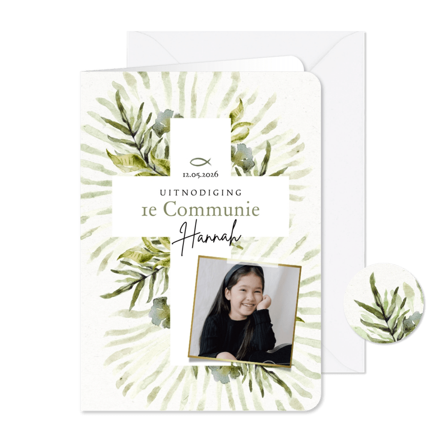 Uitnodiging eerste communie botanische bladeren kruis foto - Kaartimpressie