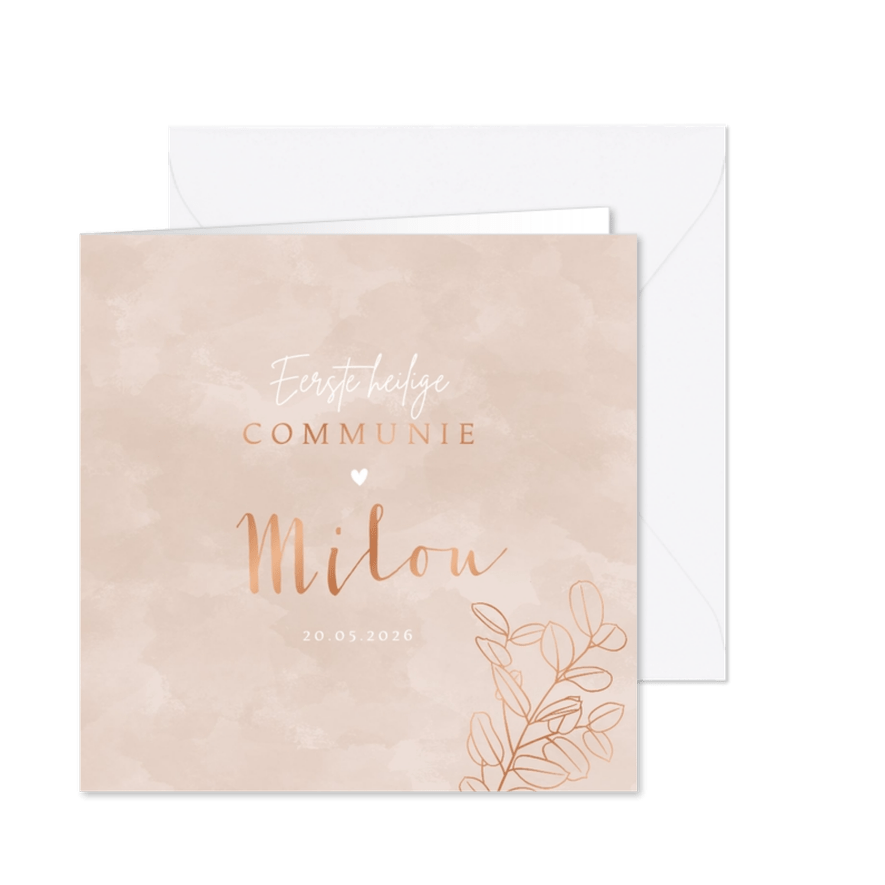 Uitnodiging eerste Communie eucalyptus takje, koperfolie - Kaartimpressie