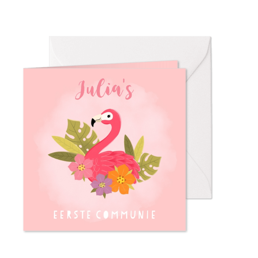 Uitnodiging eerste communie flamingo, blaadjes en bloemen - Kaartimpressie