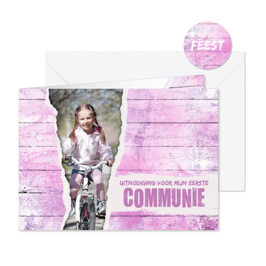 Uitnodiging eerste communie houtlook doorkijkje roze stoer - Kaartimpressie