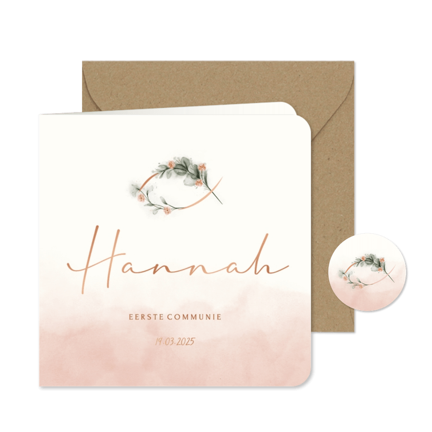 Uitnodiging eerste communie Ichthus visje met bloemen - Kaartimpressie