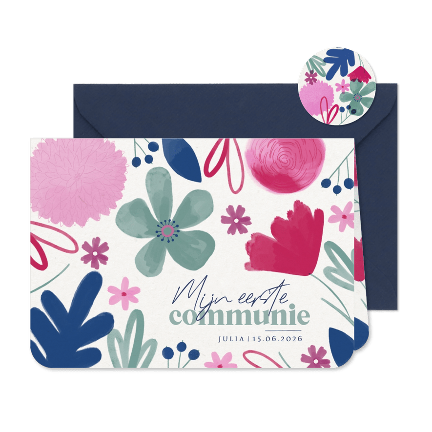 Uitnodiging eerste communie kleurrijke bloemen meisje - Kaartimpressie