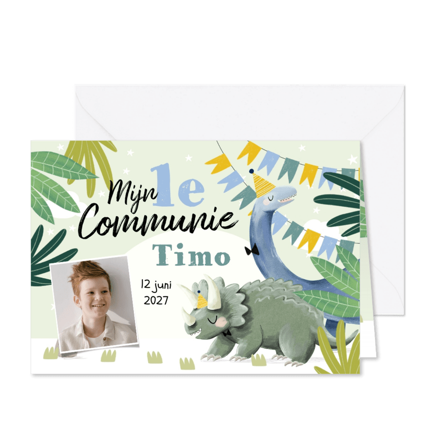 Uitnodiging eerste communie kleurrijke jungle dino's slinger - Kaartimpressie