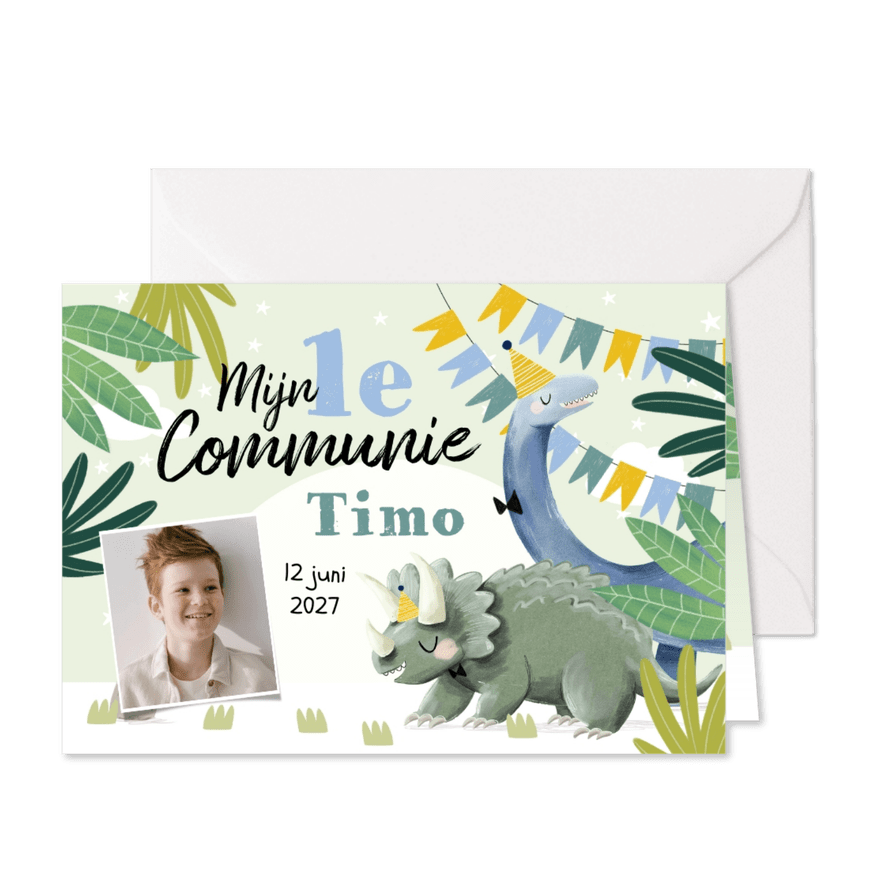 Uitnodiging eerste communie kleurrijke jungle dino's slinger - Kaartimpressie