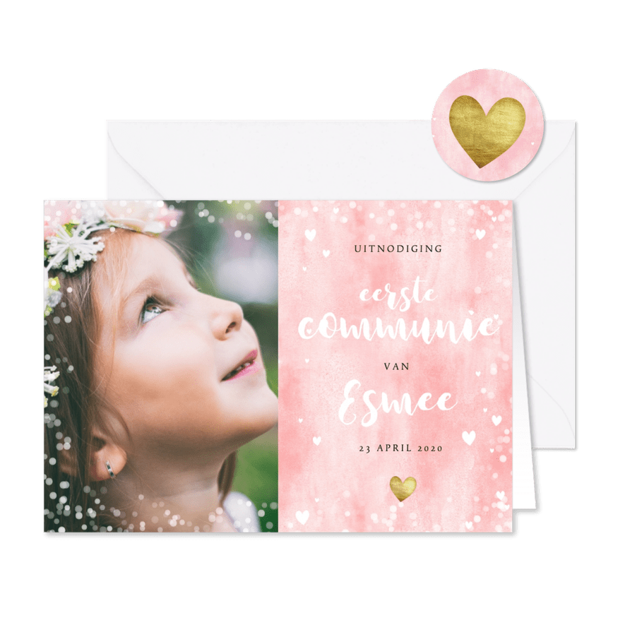 Uitnodiging eerste communie met roze waterverf en hartjes - Kaartimpressie
