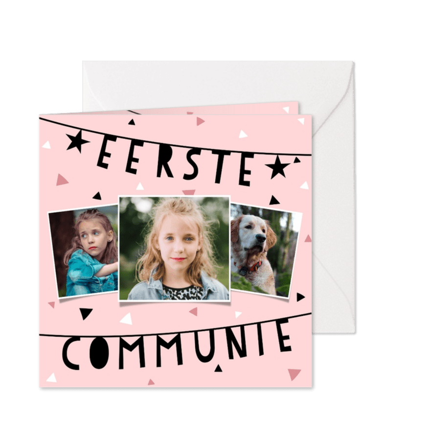 Uitnodiging eerste communie met slinger, confetti en foto's - Kaartimpressie