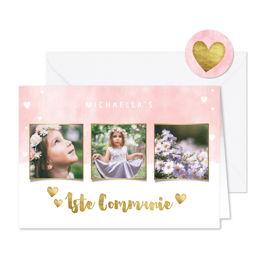 Uitnodiging eerste communie met waterverf en gouden hartjes - Kaartimpressie