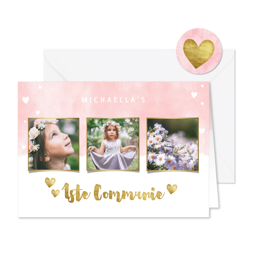 Uitnodiging eerste communie met waterverf en gouden hartjes - Kaartimpressie