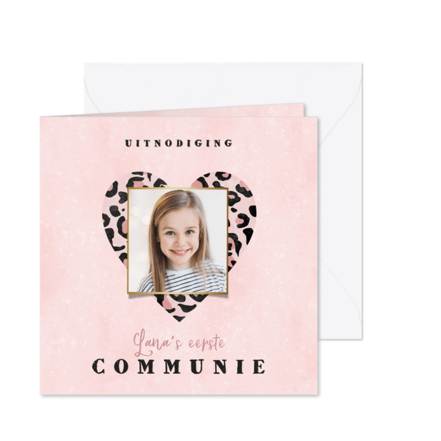 Uitnodiging eerste communie panterprint hart roze waterverf - Kaartimpressie