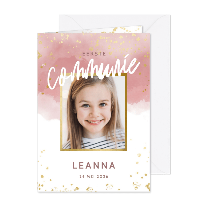 Uitnodiging eerste communie roze waterverf en foto - Kaartimpressie
