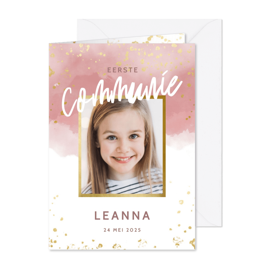 Uitnodiging eerste communie roze waterverf en foto - Kaartimpressie