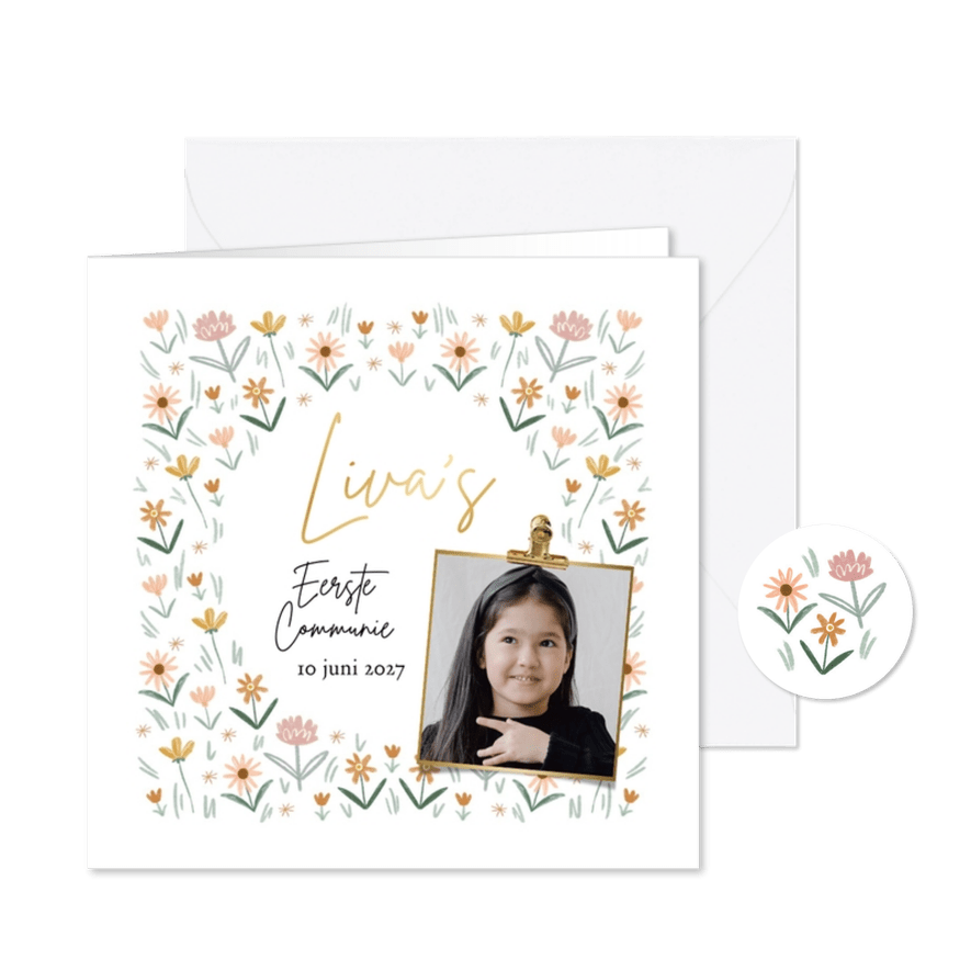Uitnodiging eerste communie veldbloemen foto clip goud - Kaartimpressie