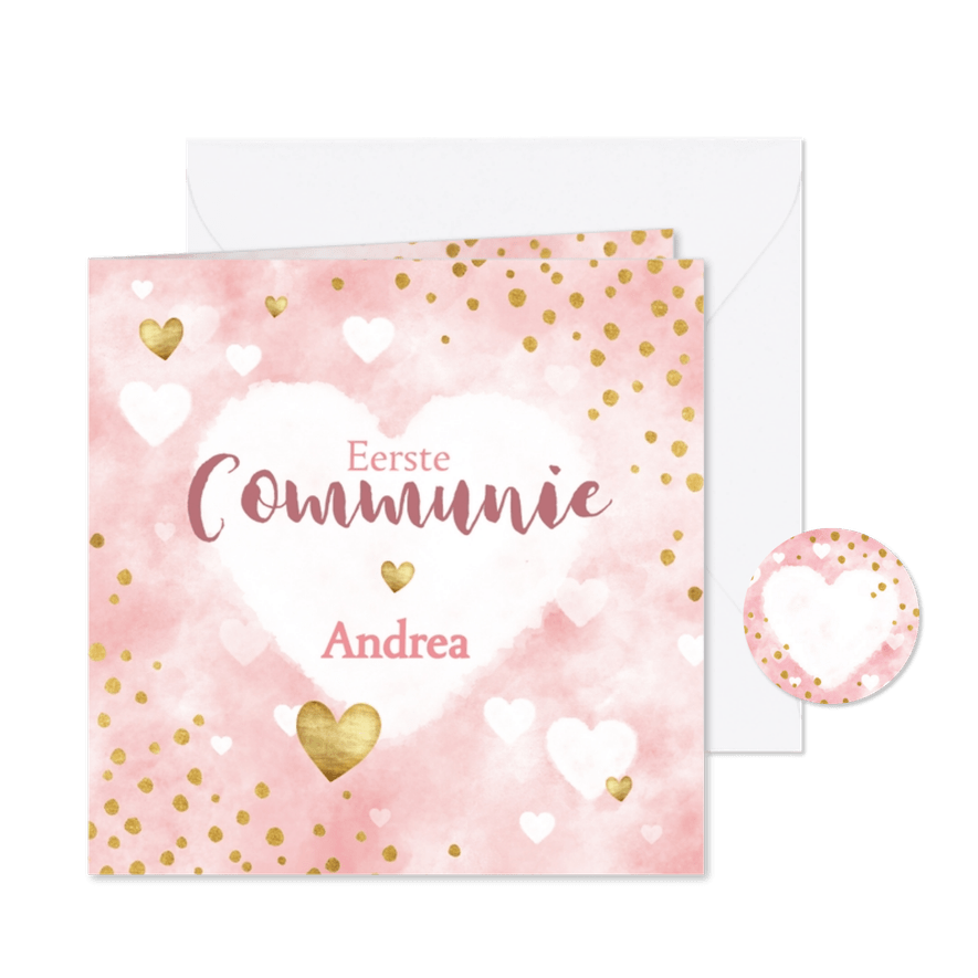 Uitnodiging eerste communie waterverf, hartjes en stipjes - Kaartimpressie
