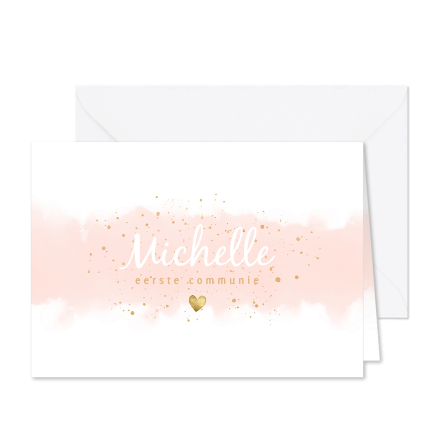Uitnodiging eerste communie waterverf, spetters en hartjes - Kaartimpressie