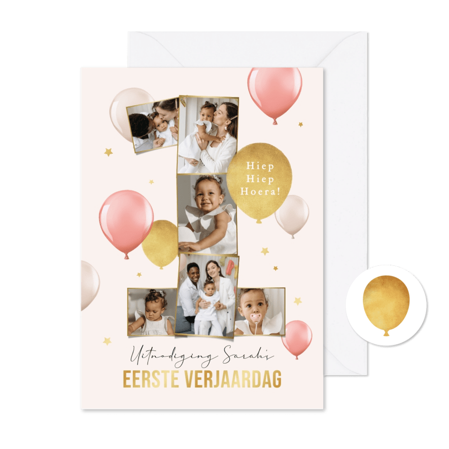 Uitnodiging eerste verjaardag fotocollage cijfer 1 ballonnen - Kaartimpressie