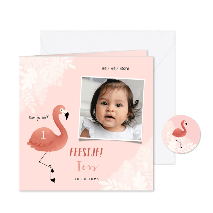 Uitnodiging eerste verjaardag meisje flamingo jungle & foto - Kaartimpressie