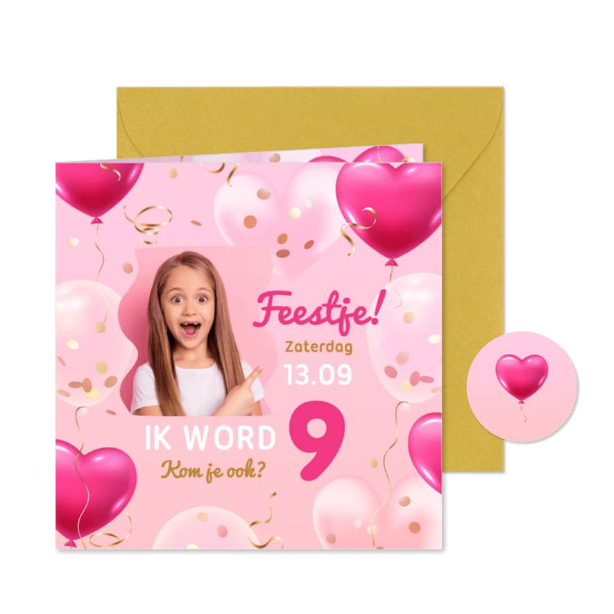 Uitnodiging eigen foto met confetti en hartjes 3d ballonnen - Kaartimpressie