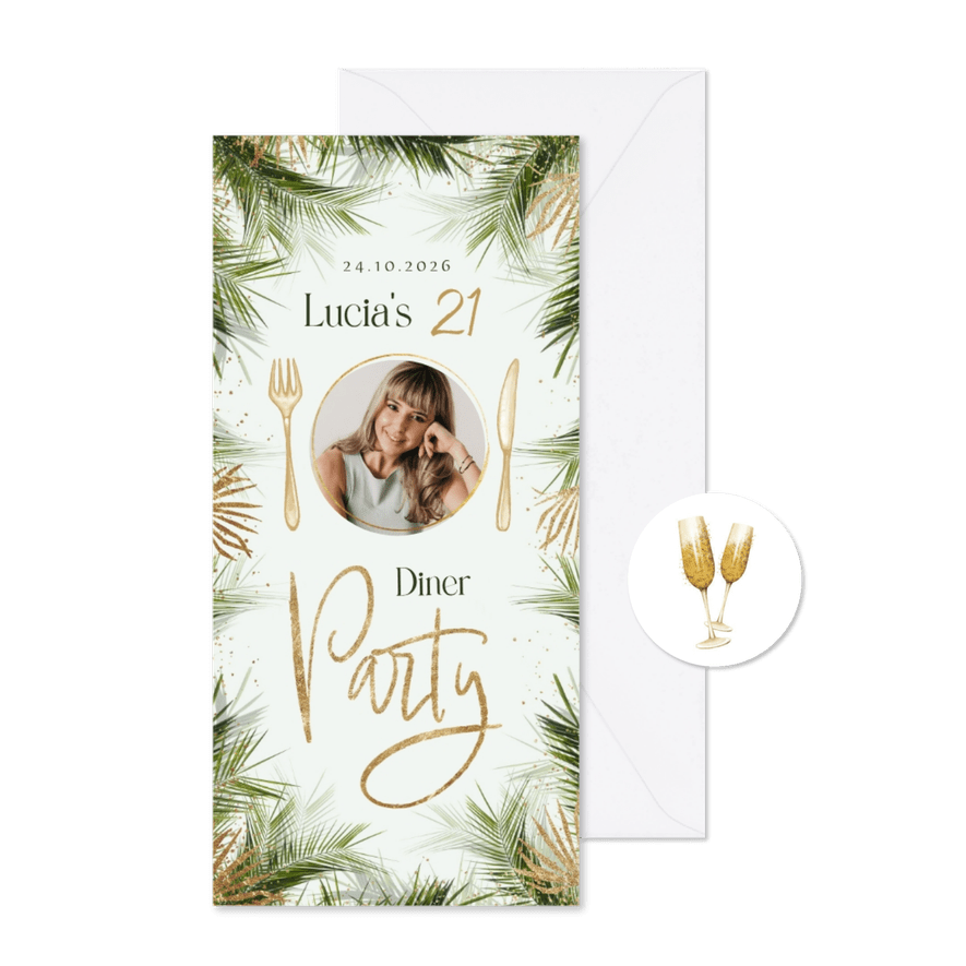 Uitnodiging etentje diner 21 goud botanisch foto - Kaartimpressie