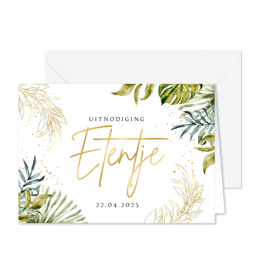 Uitnodiging etentje goud botanisch spetters - Kaartimpressie