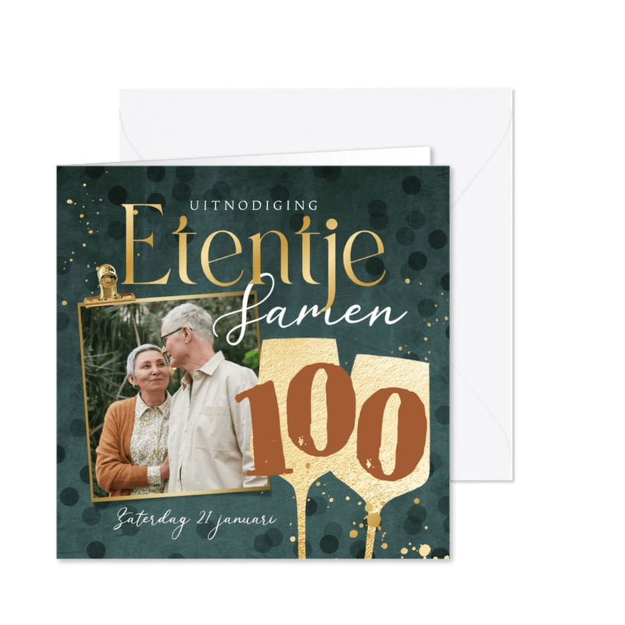 Uitnodiging etentje samen 100 goud wijn confetti - Kaartimpressie