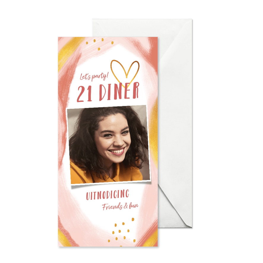 Uitnodiging etentje stijlvol goud met roze en eigen foto - Kaartimpressie