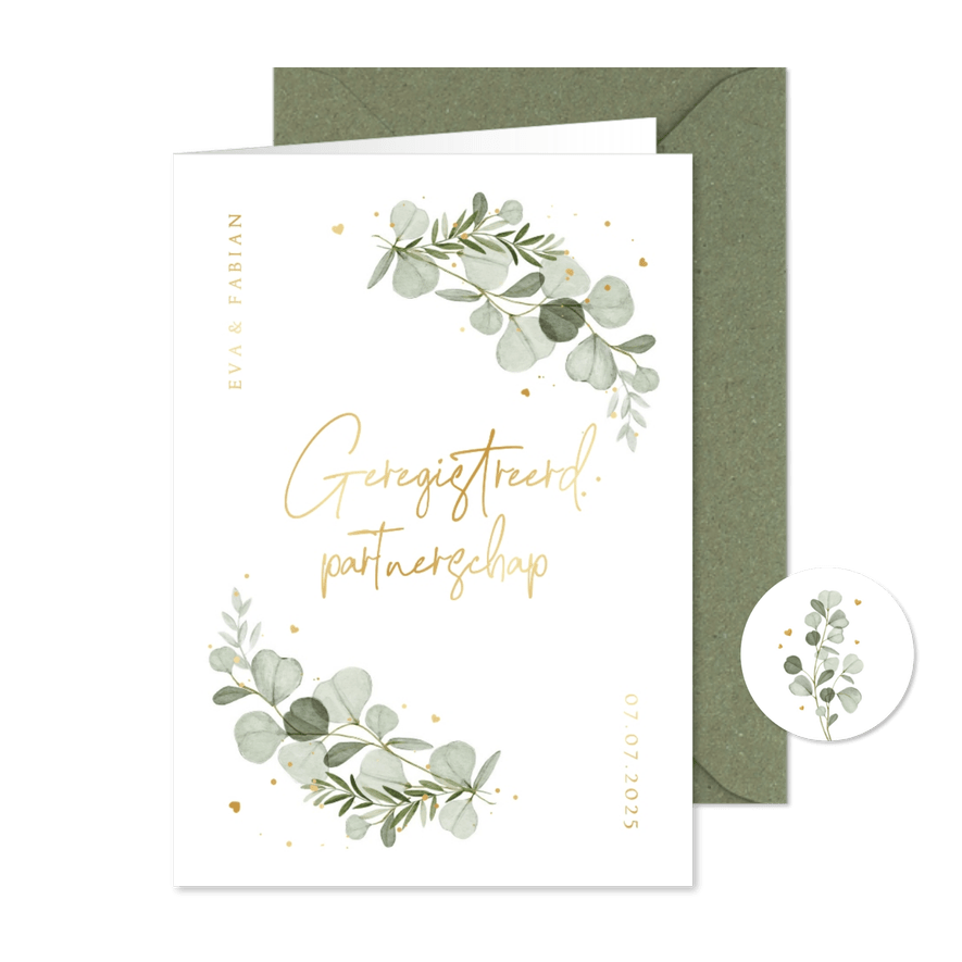 Uitnodiging eucalyptus met goud geregistreerd partnerschap - Kaartimpressie