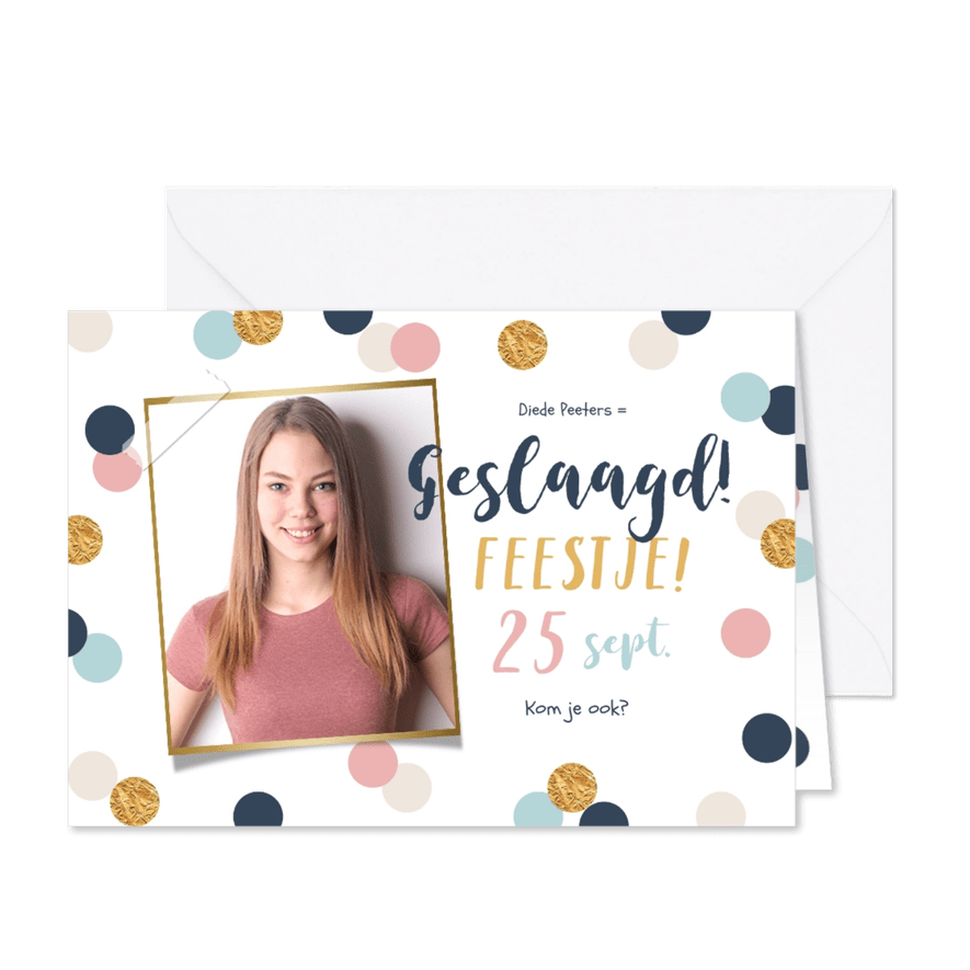 Uitnodiging examenfeest geslaagd confetti goud foto - Kaartimpressie