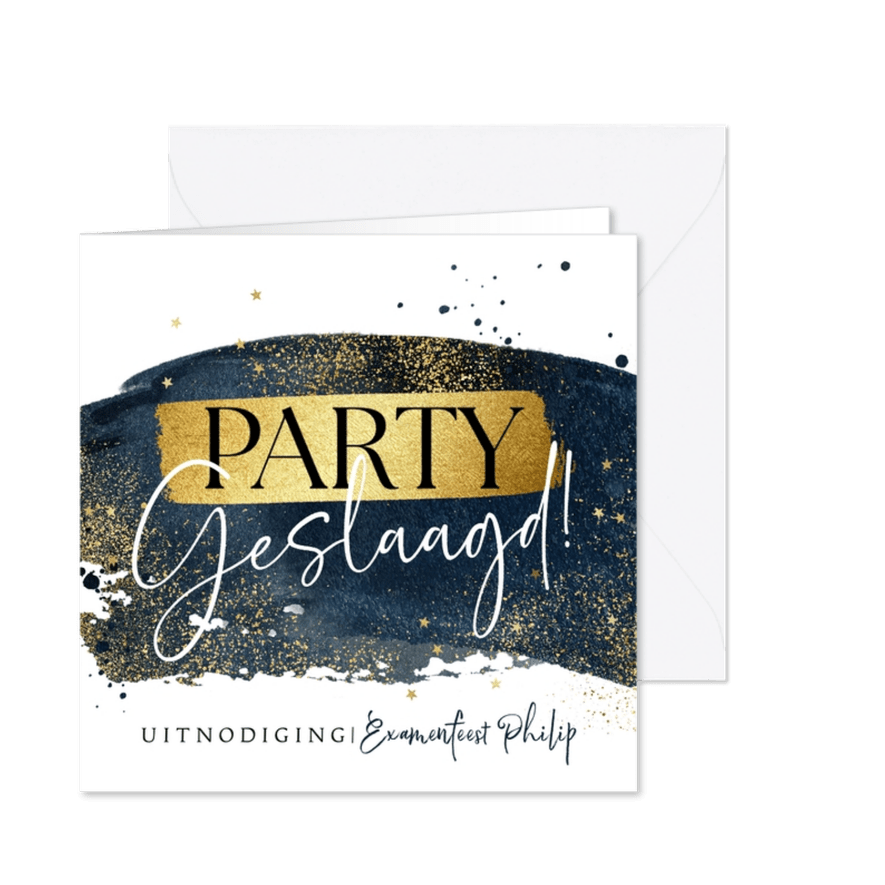 Uitnodiging examenfeest geslaagd watercolour goud sterren - Kaartimpressie