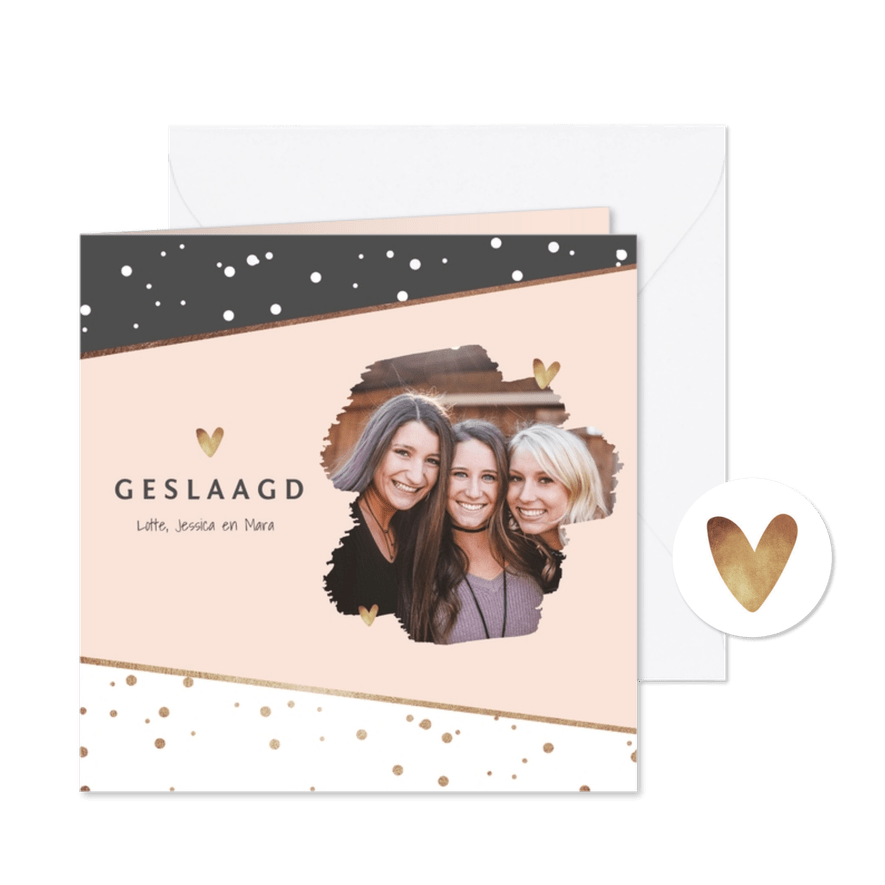 uitnodiging examenfeest stijlvol confetti hartjes foto goud - Kaartimpressie