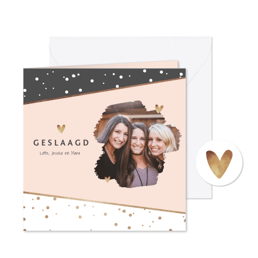 uitnodiging examenfeest stijlvol confetti hartjes foto goud - Kaartimpressie